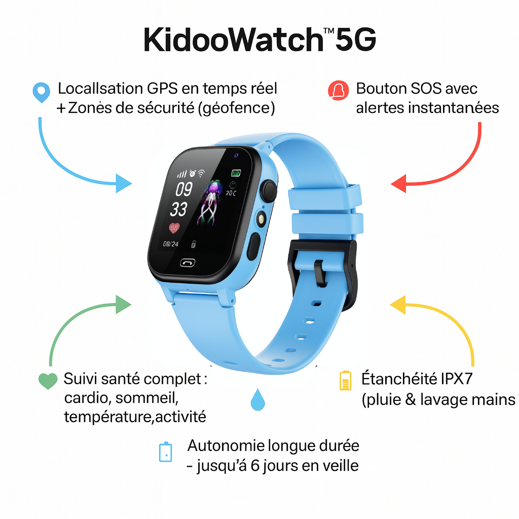 Montre Connectée Enfant 5G Bleu  – GPS, SOS & Appel vidéo | KidooWatch™