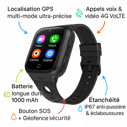 Montre connectée Noir enfant 4G - 1000mAh – GPS , appel vidéo  | KidooWatch™